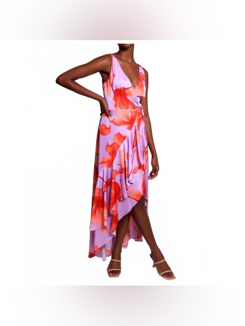 Hutch Isadora Floral Wrap Maxi Dress Lavender Pink Ruffle High Low Boho Romantic